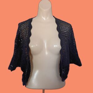 Premise Studio Crochet Shrug Short Sleeve Sweater Open Front Open Knit Black M